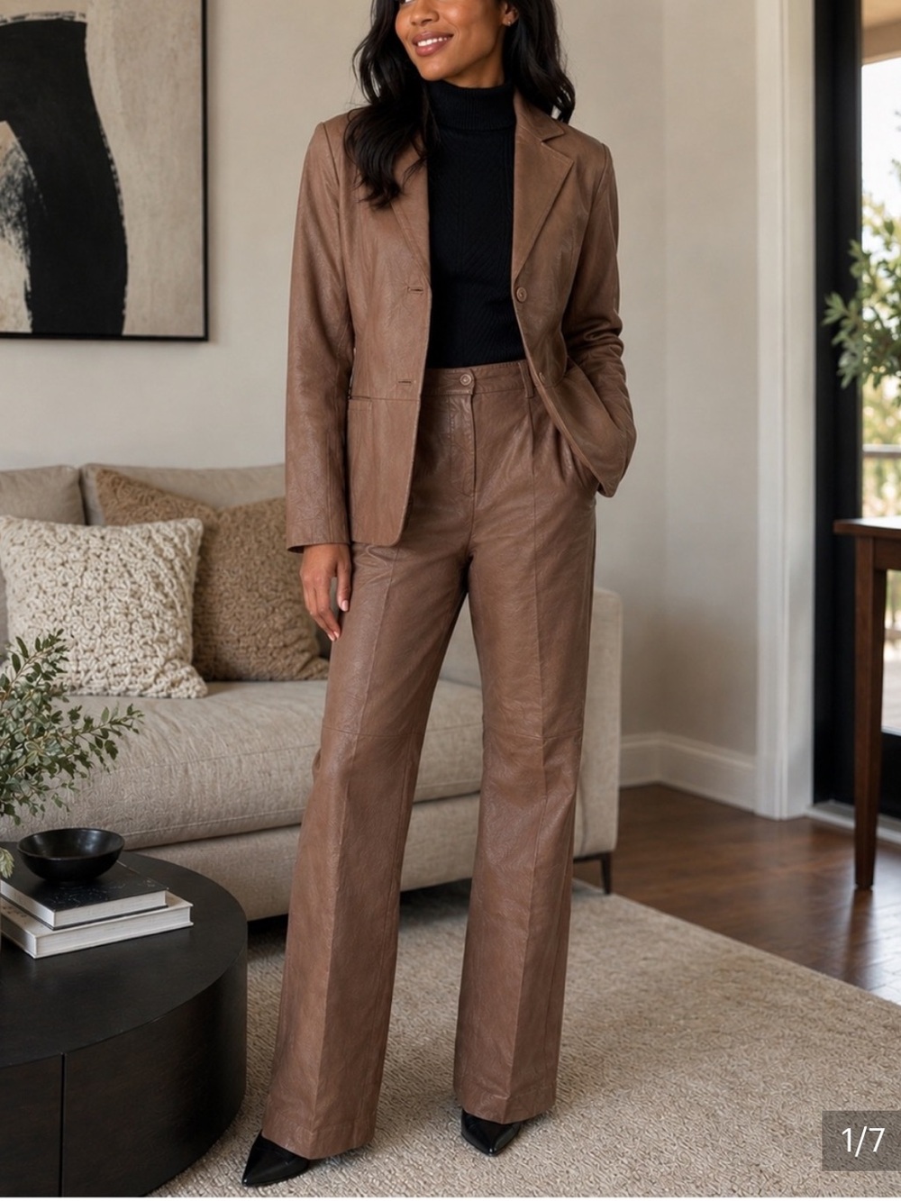 Chadwick’s Brown Wide-Leg -Leather Pants & blazer suit.  Elevated High-Rise Styl